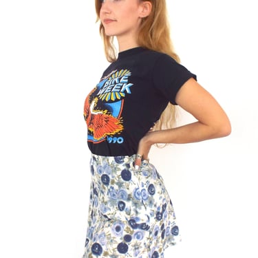Vintage 90s High-Waist Blue Floral Print Mini Skirt -- Size 27 