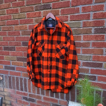 Vintage 1970's 1980's Pendleton Orange Black Plaid Wool Checkered Flannel Shirt / Large 