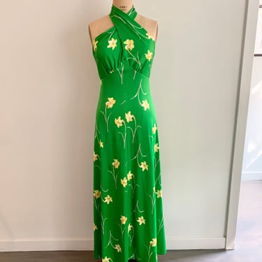 1970s green floral maxi halter vintage twist neck dress- size M 