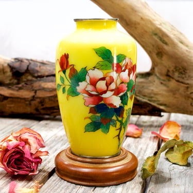 VINTAGE: Rare Japanese Cloisonne Yellow Vase - Enamel Yellow Floral Roses Vase and Wood Stand - SKU 24-B-00032680 