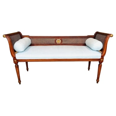 Louis XVI Style Caned Scroll Arm Window Bench With Gold Gilt Embellishments 