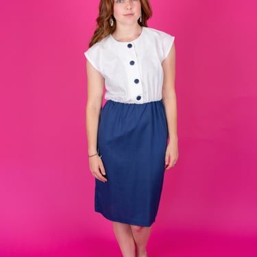 Vintage Navy and White Summer Dress with Contrast Buttons on Front and Elastic Waist 