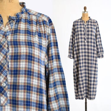 Vintage 70s cotton plaid flannel cotton pajamas night dress 