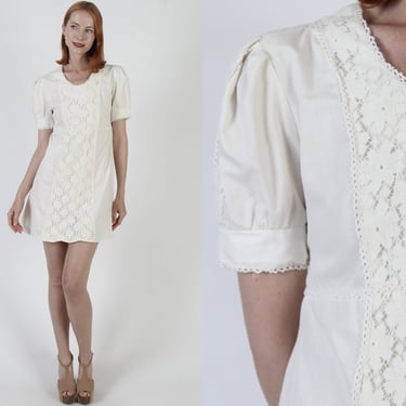 Off White Mini Prairie Dress Vintage 70s Crochet Lace Plain High Waisted Old Fashion Frock 