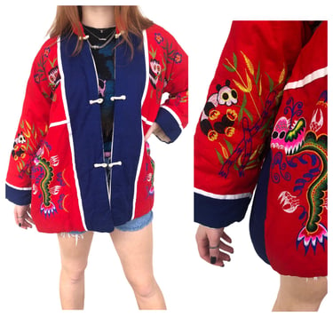 Vintage VTG 1960s 1970s Red Asian Embroidered Novelty Puffer Jacket Coat 