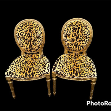 Vintage Louis XV style chairs reimagined in all new velvety leopard fabric. 
