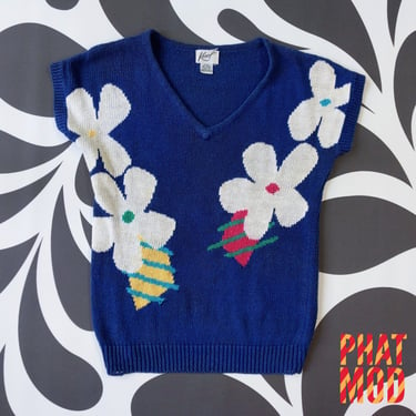 Cute Vintage 80s 90s Blue Flower Power Knit Vest Top 