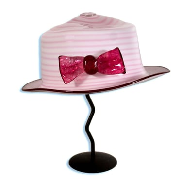 Brian Brenno Signed Studio Art Blown Glass Life Size Pink Hat on Stand 1990s 