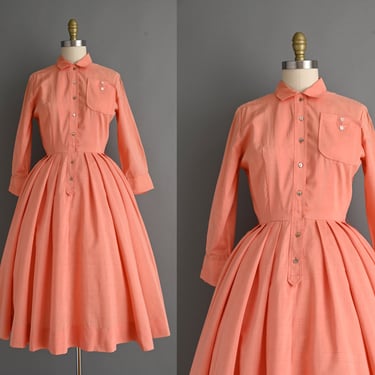 vintage 1950s Dress | Gorgeous Peach Cotton Long Sleeve Shirtwaist Full Skirt Day Dress | Small Medium 