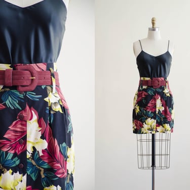 90s floral mini skirt | bold black floral paperbag waist vintage skirt 