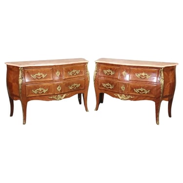 Antique Pair of Louis XV Rococo Style French Inlaid Marble Top Commodes Chest