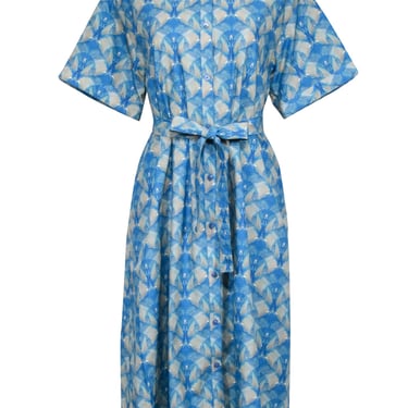 Tucker - Blue &amp; Beige Kaleidoscope Print Short Sleeve Button Front Dress Sz M
