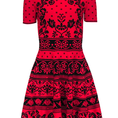 Alexander McQueen - Red & Black Floral Print Knit Short Sleeve Dress Sz S