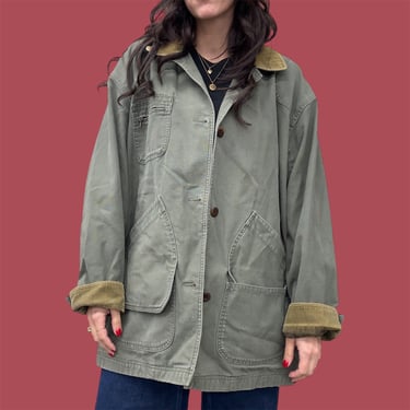 Vintage Chore Coat Retro 1990s LL Bean + Size XX Large + Green Canvas + Field + Barn Jacket + Field + Workwear + Flannel Lining + Unisex 