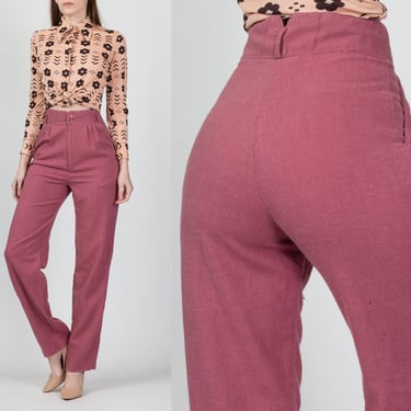 80s Mauve High Waist Trousers - Small, 26" | Vintage Pleated Pink Straight Leg Pants 
