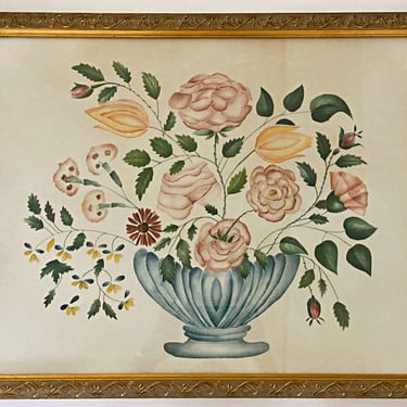 Large Primitive still life theorem painting, Bowl of flowers, Womens stencil folk art Hand painted floral on velvet, Framed fabric art 