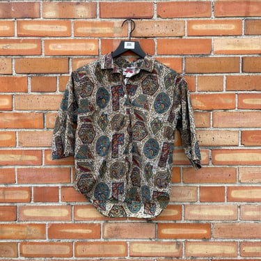 vintage 50s brown paisley floral cotton blouse / s small 