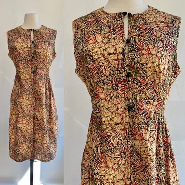 Vintage 70s 80s HAND DYED BATIK Boho Day Dress / Sundress / Rounded Buttons + Pocket / 