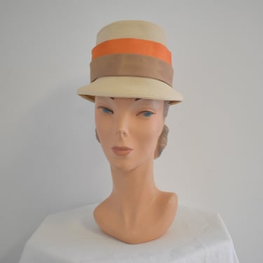 1960s Straw Hat with Orange and Tan Bands 