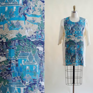 Indonesian tunic | 60s vintage tourist scenic novelty print blue woven raffia shirt 
