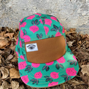 Handmade 5 Panel Camp Hat, Happy Beet print Baseball Cap, Moldable Brim five panel hat, Snap Back, 5panel hat, gift for her, gift for him 