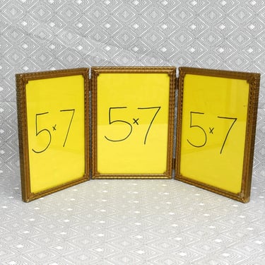 Vintage Tri-Fold Hinged Picture Frame - Corroded Triple Gold Tone Metal Frame w/ Glass - Holds Three 5