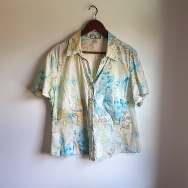 Vintage 1990's/Y2K Carribean Joe Floral Thin Soft Blouse / Button Front / L to XL 