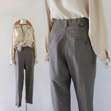 high waist micro tweed trousers - 32 - vintage 90s y2k womens dark brown flat front cotton fall pants 