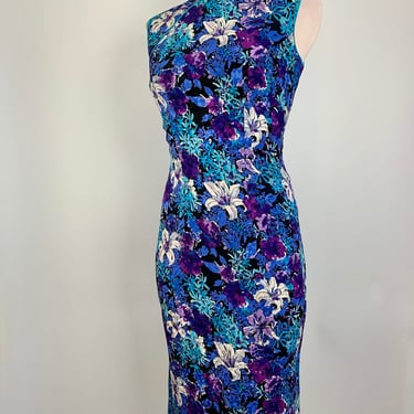 Vintage Cheongsam Dress - Silk Jacquard in Aqua, Deep Blue, Purple & Black - Silk Lined - Hand Sewn Details - Side Zipper - Size Medium 