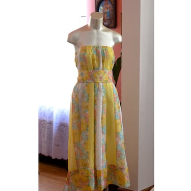 Vintage Strapless Dress OR Maxi Skirt - 1970s - Yellow, Floral, Lace, Summer - Tube Dress 