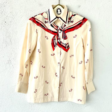 Vintage 90s Silk Baroque Scarf Shirt 1990s Nautical Red White Blue Top 