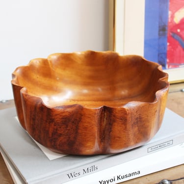 Vintage Wood Bowl, Ruffled Fluted Organic Modern Russel Wright Oceana Style 