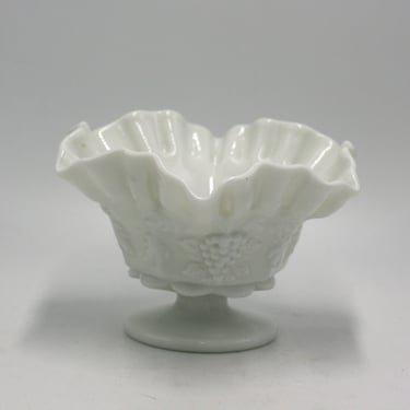 vintage Westmoreland milk glass candy dish with grape leaf pattern and ruffled crimped edge 