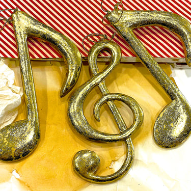 VINTAGE: 3pcs - Large Music Note Ornaments - Gold Ornament - Polistone Resin - SKU 00032103 