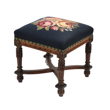 Antique French Style Carved Foot Stool Ottoman Bench w Needlepoint Rose Top 