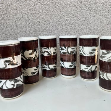 Vintage Tall Tumblers Ceramic Set 6 Tiki Polynesian Theme 10 Ozs 