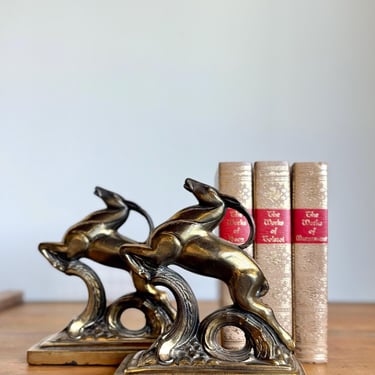 deco brass bookends - leaping gazelle ibex golden stags - vintage library decor 
