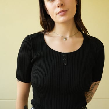 1960's Knit Top / Ribbed Sweater Shirt / Black Top / Sexy Seventies Top 