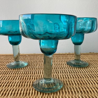 Teal Mouth Blown Margarita Glasses Set of Three 