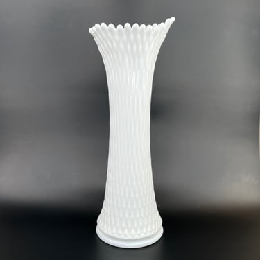 Westmoreland Milk Glass Swung Vase with Stunning Quilted Diamond Pattern, 13.75 inches 
