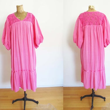 Vintage Hot Pink Cotton Mumu Maxi Dress OS - Wide Sleeve Caftan Bohemian Sundress - Mexican Bright Pink Sundress 