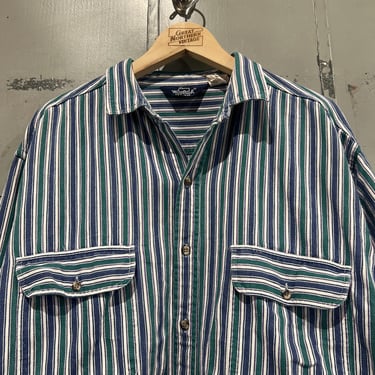 80s XL Vintage Woolrich Long sleeve vertical striped button down shirt summer style mens fashion 