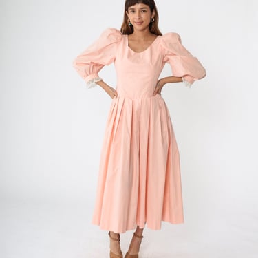 Baby Pink Dress 80s Party Puff Sleeve Dress Midi Prom Dress Oversized Bow Pastel Cotton PLEATED Button Back Scoop 1980s Vintage Small 