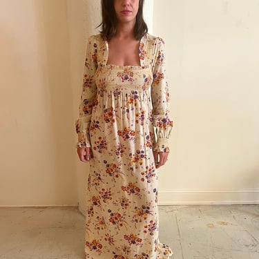 English vintage 1970s floral smocked maxi gown 