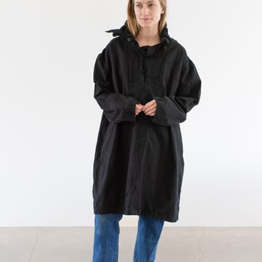 Vintage Black Lace Up Hood Pullover Jacket | Unisex 50s 60s Lightweight Parka Cotton Smock Drawstring Anorak Layer | Overdye | L XL XXL | 