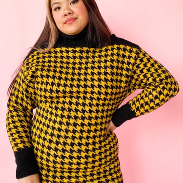 1980s Yellow Houndstooth Long Sweater, sz. M/L