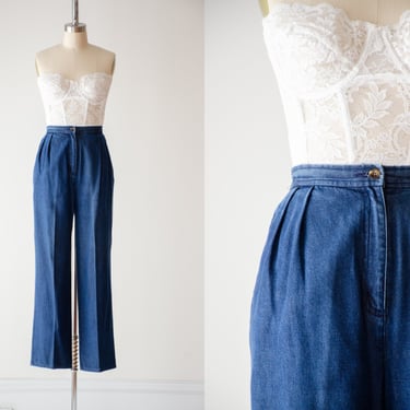 high waisted jeans | 90s vintage Travelsmith dark was chambray pleated mom jeans denim trousers 