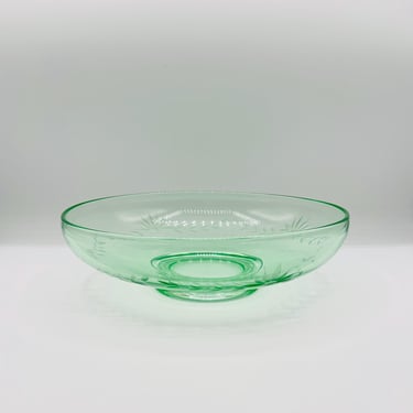 Vintage Uranium/Vaseline Etched Leaves 9.5” Green Glass Bowl by LeChalet