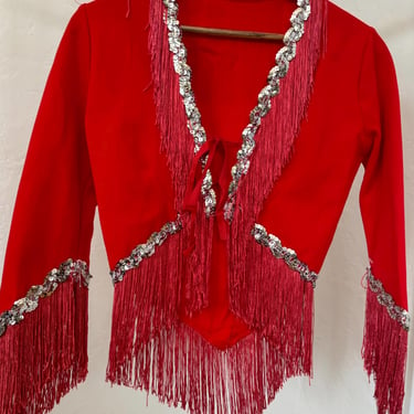 Vintage 70s Red Fringe Dancing Top Bolero Embellished Sequin Cropped Shirt Small by TimeBa