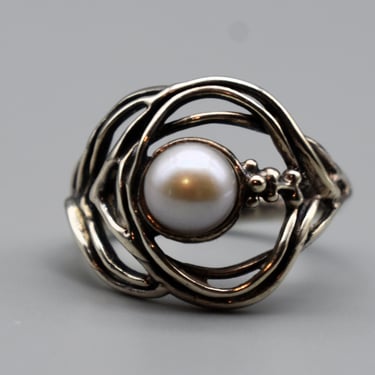 Avant Garde 80's sterling mabe pearl size 7.75 solitaire, Israel gray pearl 925 silver branches ring 